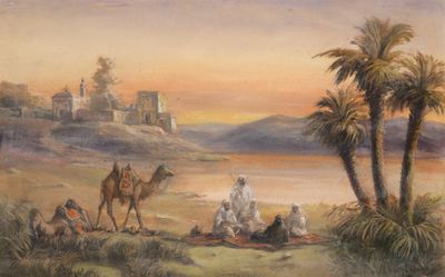 an image of a painting of a desert scene with people and camels