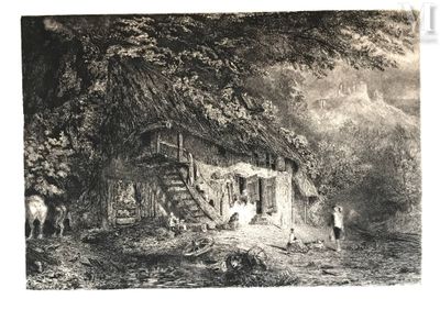 un dessin en noir et blanc représentant une maison dans les bois