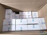 a box full of white boxes with blue and white logos