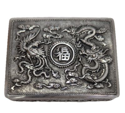 chinese silver box with dragon and dragon symbols on it