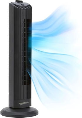 a black tower fan sitting on top of a stand next to a blue light
