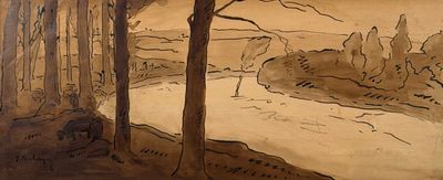 a painting of a man walking in the woods