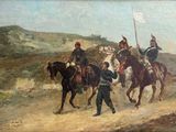 un tableau représentant un groupe d'hommes à cheval dans le désert