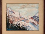 une peinture à l'huile représentant un paysage de montagne enneigé avec une ville au loin