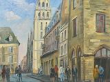 a painting of a city street with people walking on it