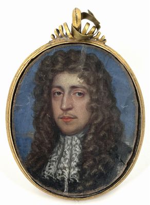 portrait d'un homme aux longs cheveux bouclés, dans un cadre doré