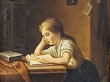 a painting of a woman sitting at a table reading a book
