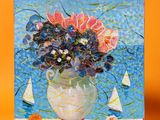 painting of a vase of flowers on a table with sailboats in the background