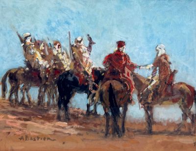 a painting of a group of men riding on horses