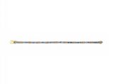 a close up of a gold and blue beaded bracelet on a white background