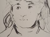 drawing of a woman with a hat and earrings on her head