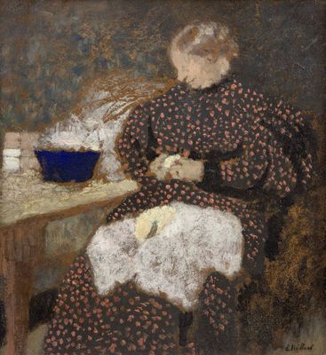 une image représentant un tableau où l'on voit une femme assise à une table devant un bol de nourriture