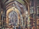 une peinture à l'huile représentant un marché, avec des personnes et des animaux au premier plan