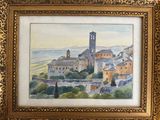 une image représentant un tableau d'une ville avec une tour horloge