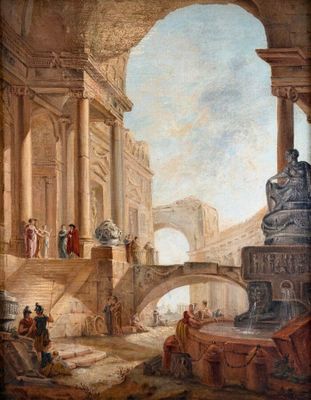 une image représentant un tableau d'un bâtiment avec une statue au premier plan
