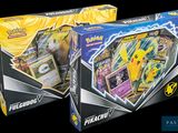 two boxes of pokemon cards are shown on a black background