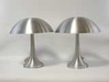 deux lampes argentées posées sur une surface blanche, avec un fond blanc