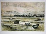 two boats that are sitting on the shore of the water