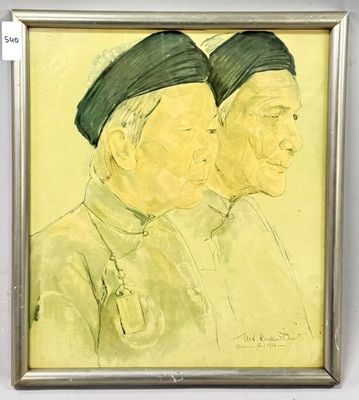 tableau représentant deux hommes âgés coiffés de chapeaux verts, dans un cadre argenté