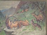 a painting of a group of animals on a hill