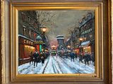 tableau représentant une rue de ville enneigée avec des passants qui marchent dans la rue