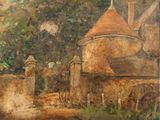 painting of a castle with a water wheel in the foreground