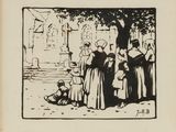 une image représentant un dessin en noir et blanc d'un groupe de personnes devant un bâtiment