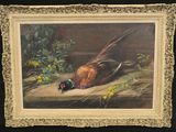 an oil painting of a pheasant and a pheasant on a table