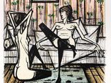 un dessin représentant une femme assise sur un canapé dans un salon
