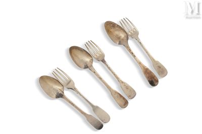 four forks and two spoons sitting next to each other on a white surface