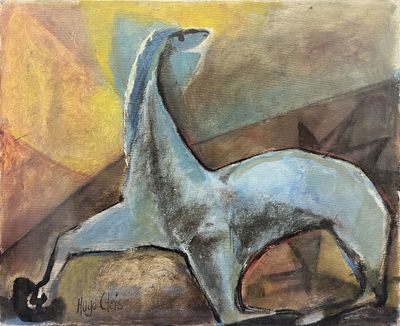 tableau représentant une girafe debout sur un rocher, avec un coucher de soleil en arrière-plan