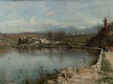 painting of a painting of a river with a castle in the distance