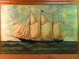an oil painting of a sailboat in the ocean on a cloudy day