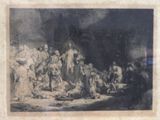 an old black and white painting of a group of people in a room