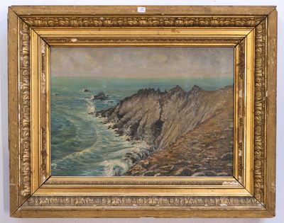 an oil painting of a rocky coast with waves crashing in the foreground