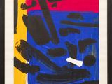 an abstract painting with black, red, yellow and blue colors