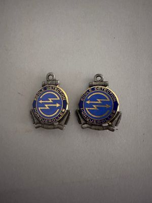 deux insignes bleus et argentés portant les lettres « e » et « f »