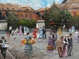 un tableau représentant un groupe de personnes marchant sur une place