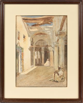 une image représentant un tableau où l'on voit un homme assis sur une chaise dans une cour