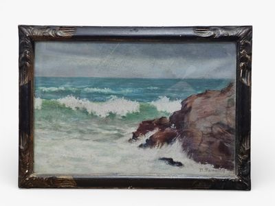 an oil painting of waves crashing on a rocky beach