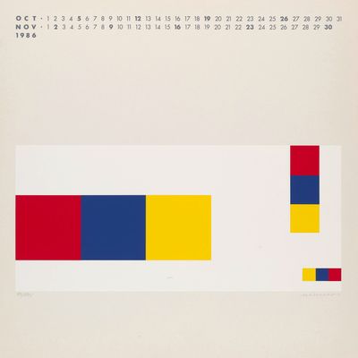 une image représentant un calendrier avec un motif de carrés rouges, jaunes et bleus