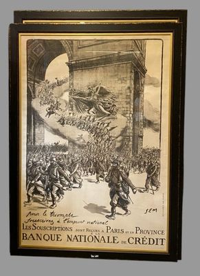 une vieille affiche représentant une foule devant un bâtiment