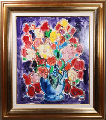 painting of flowers in a blue vase on a purple background