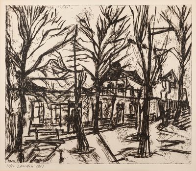 an image of a black and white drawing of trees in front of a house