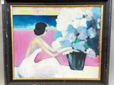 a painting of a woman reading a book with flowers in a vase