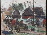 une peinture à l'huile représentant une calèche tirée par des chevaux dans une rue