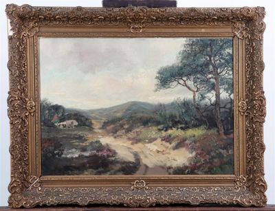 an oil painting of a dirt road with trees and a house in the distance