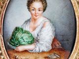 painting of a woman sitting at a table holding a head of cabbage
