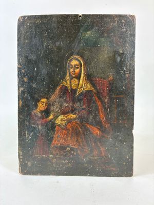 un vieux tableau représentant une femme en robe rouge assise sur une chaise