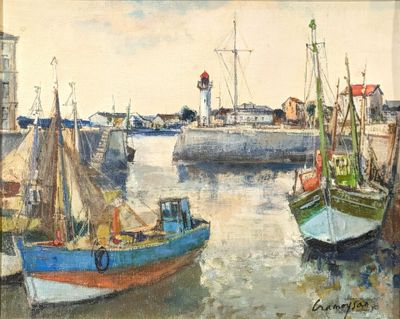 painting of a harbor scene with boats and a lighthouse in the background